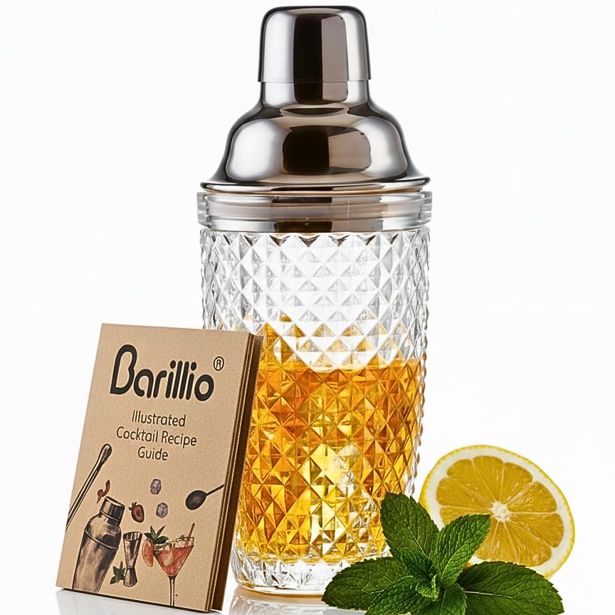 Barillio 14 oz glass shaker with built-in strainer for precise single-serve cocktails