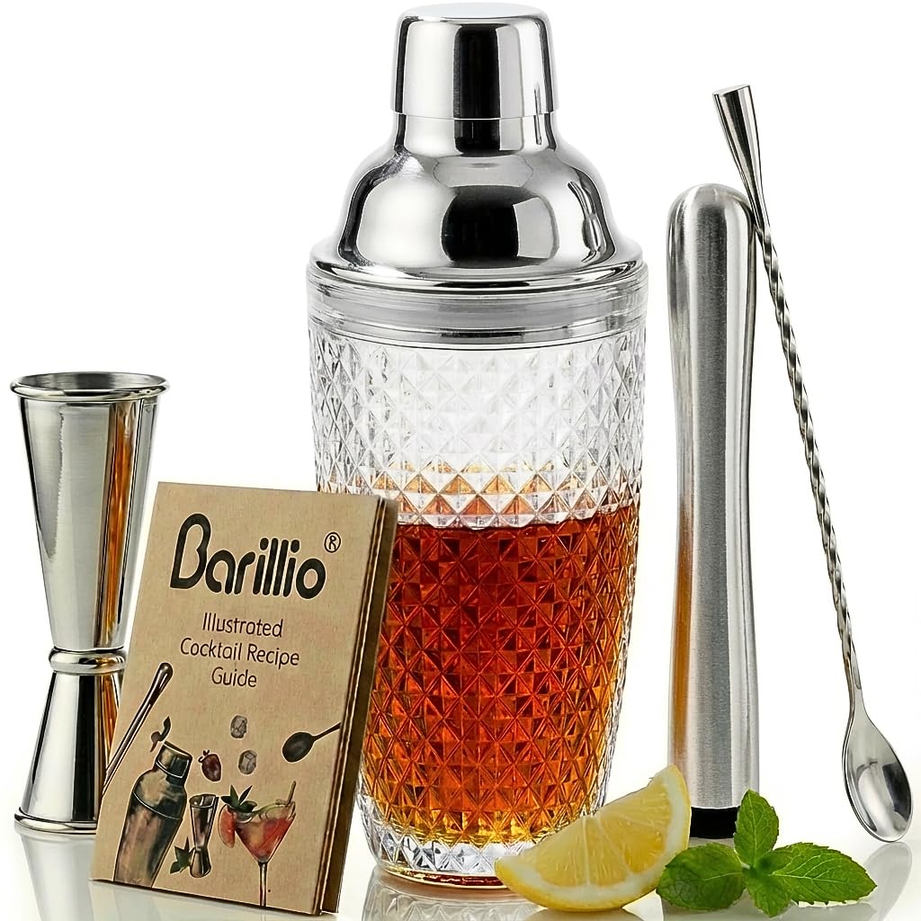 Barillio 14 oz glass cocktail shaker with cap strainer for drip-free pours