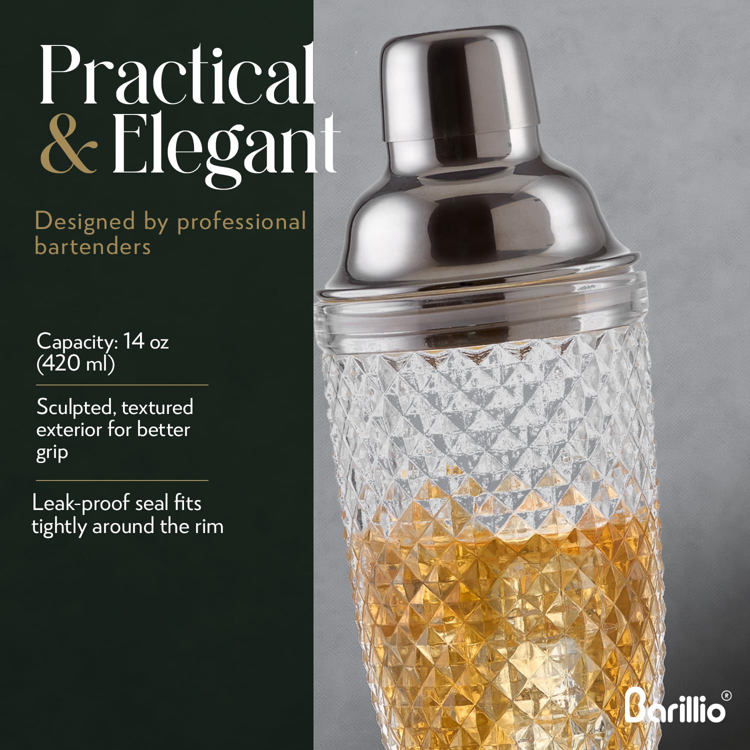 Barillio shaker with leak-proof cobbler design for clean pours and minimal drips