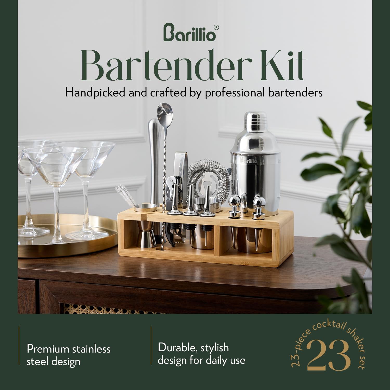 Barillio bamboo stand displaying organized bartending tools