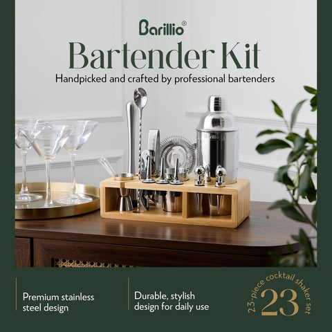 Barillio bamboo stand displaying organized bartending tools