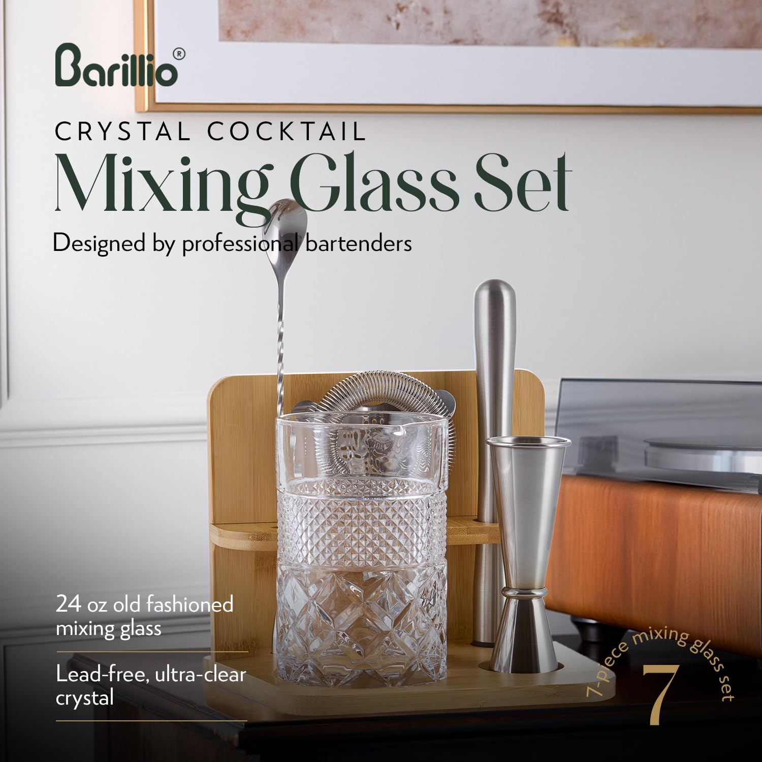 Barillio bamboo stand and crystal mixing glass ready for organized setup