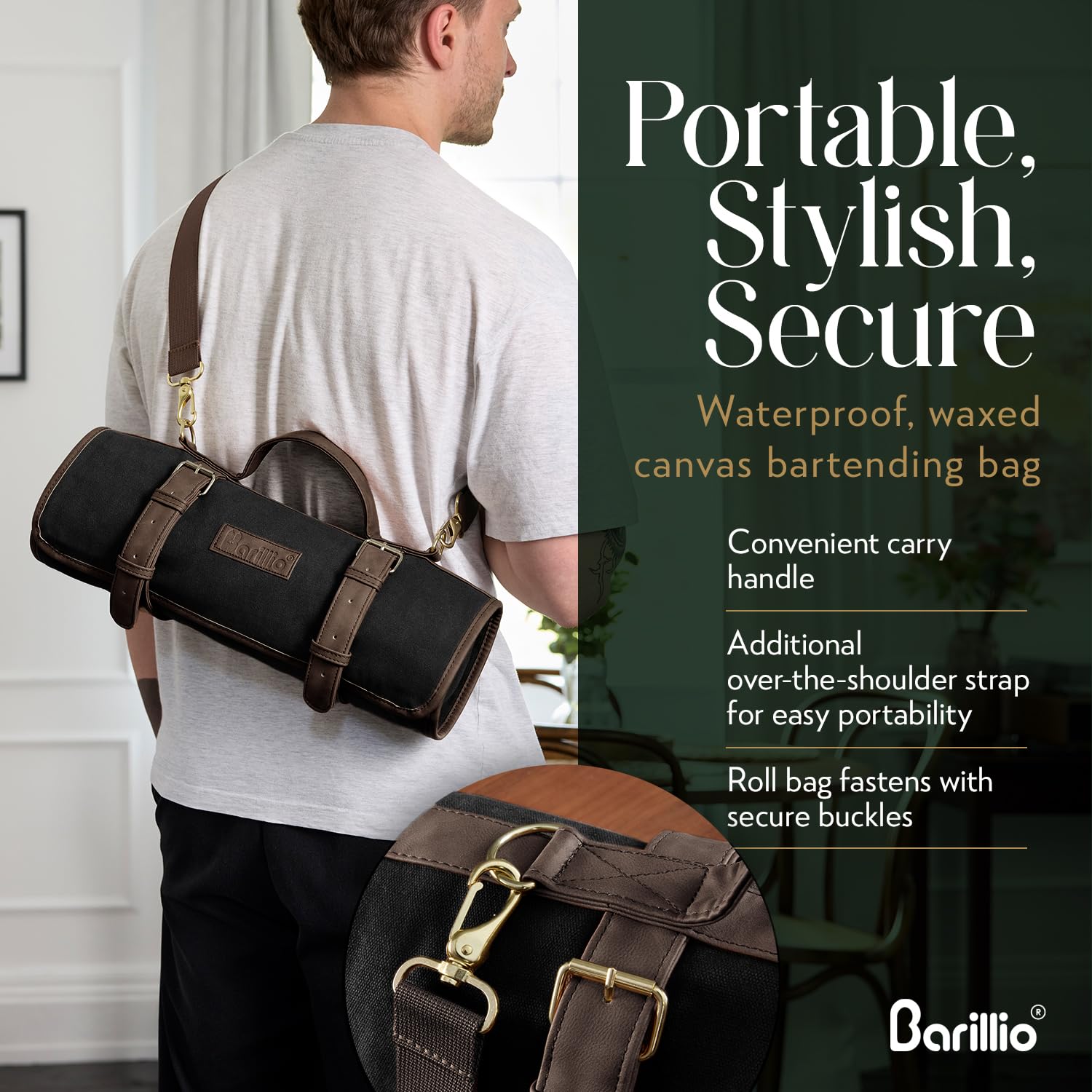 Barillio Bartender Bag with shoulder strap and sturdy handle for easy carry