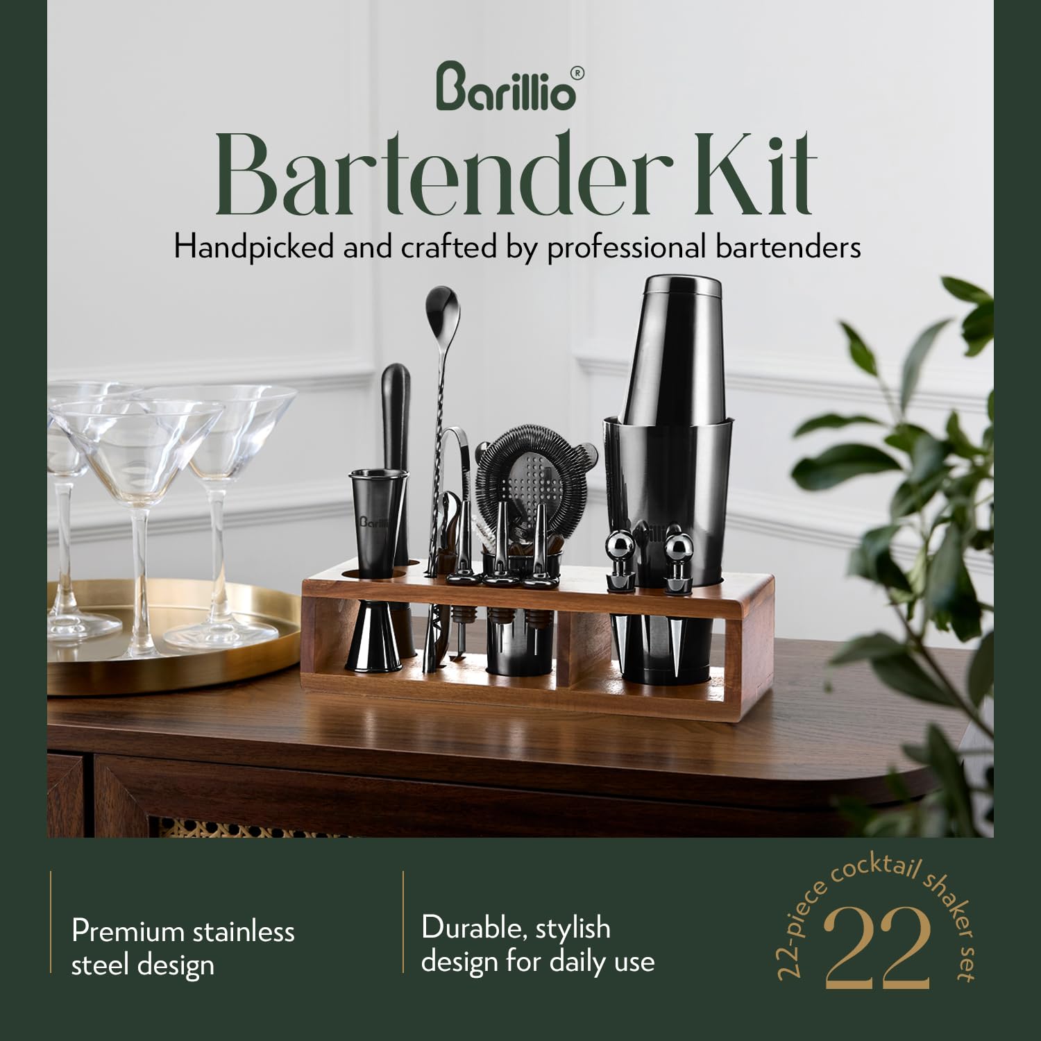 Barillio kit with Acacia stand close-up highlighting organized, easy-access bar tools.