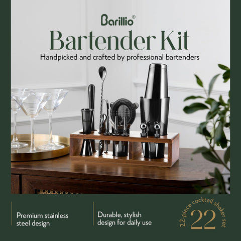 Barillio kit with Acacia stand close-up highlighting organized, easy-access bar tools.