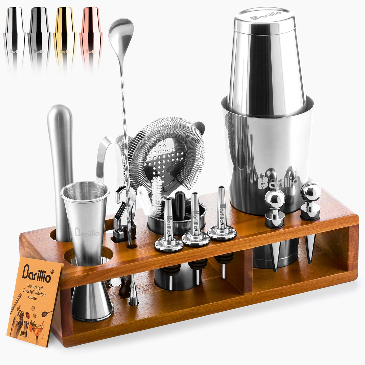 Barillio Bartender Kit with Acacia Stand elevates home bar organization and style.