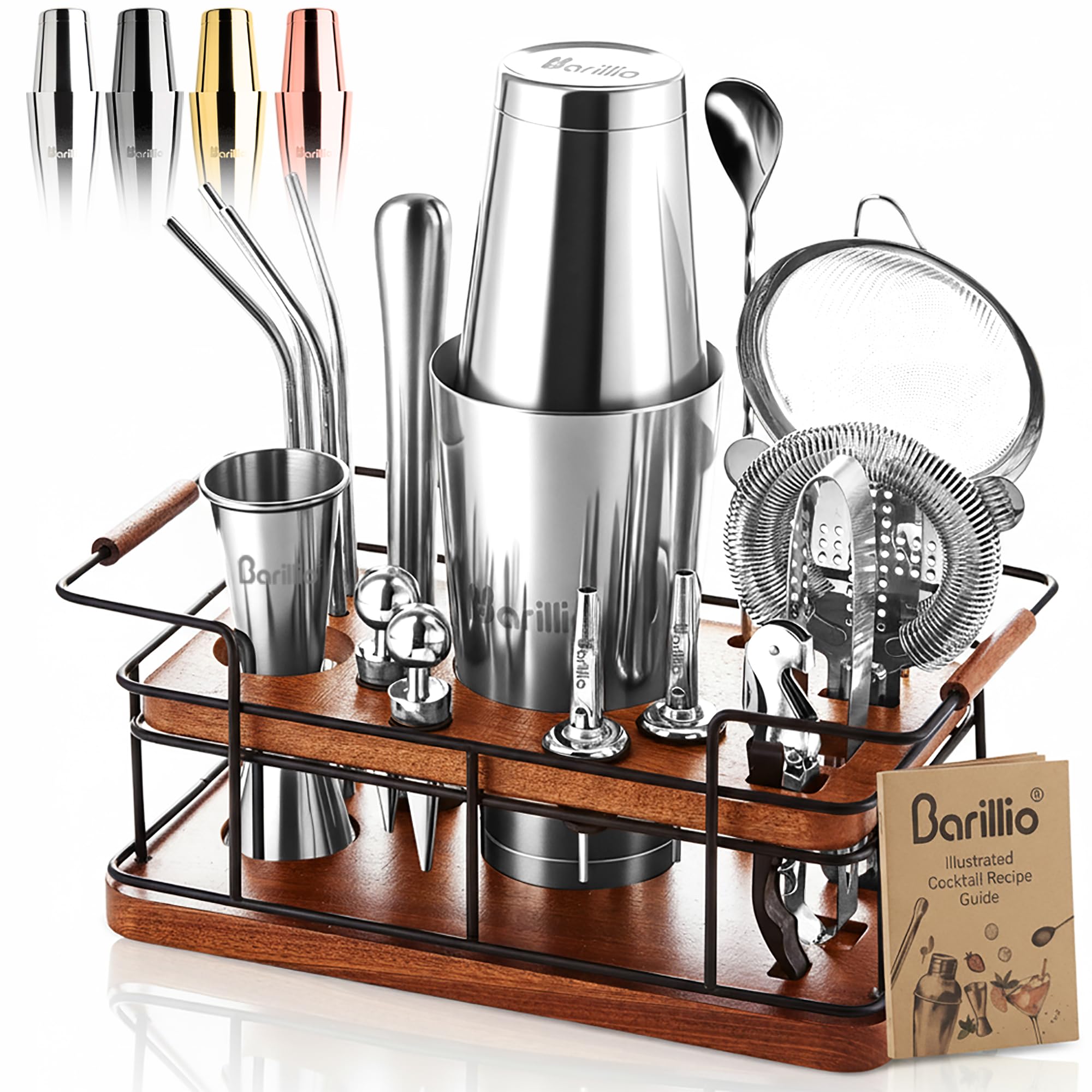 Barillio Bartender Kit with African mahogany stand organizing a home bar