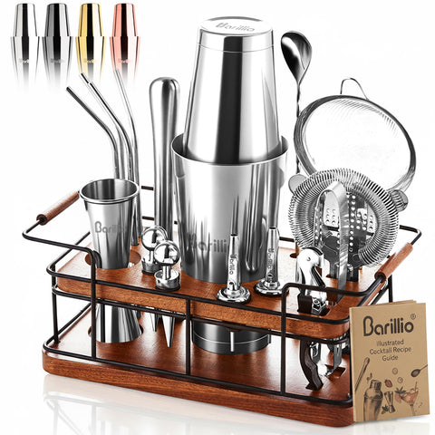 Barillio Bartender Kit with African mahogany stand organizing a home bar