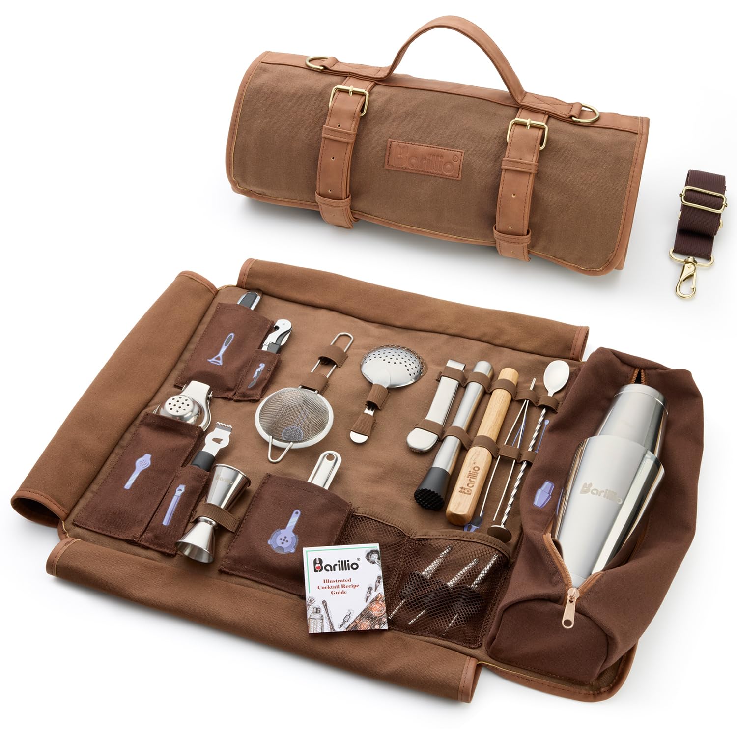 Barillio Bartender Kit Bag open, showing organized compartments for travel mixology.