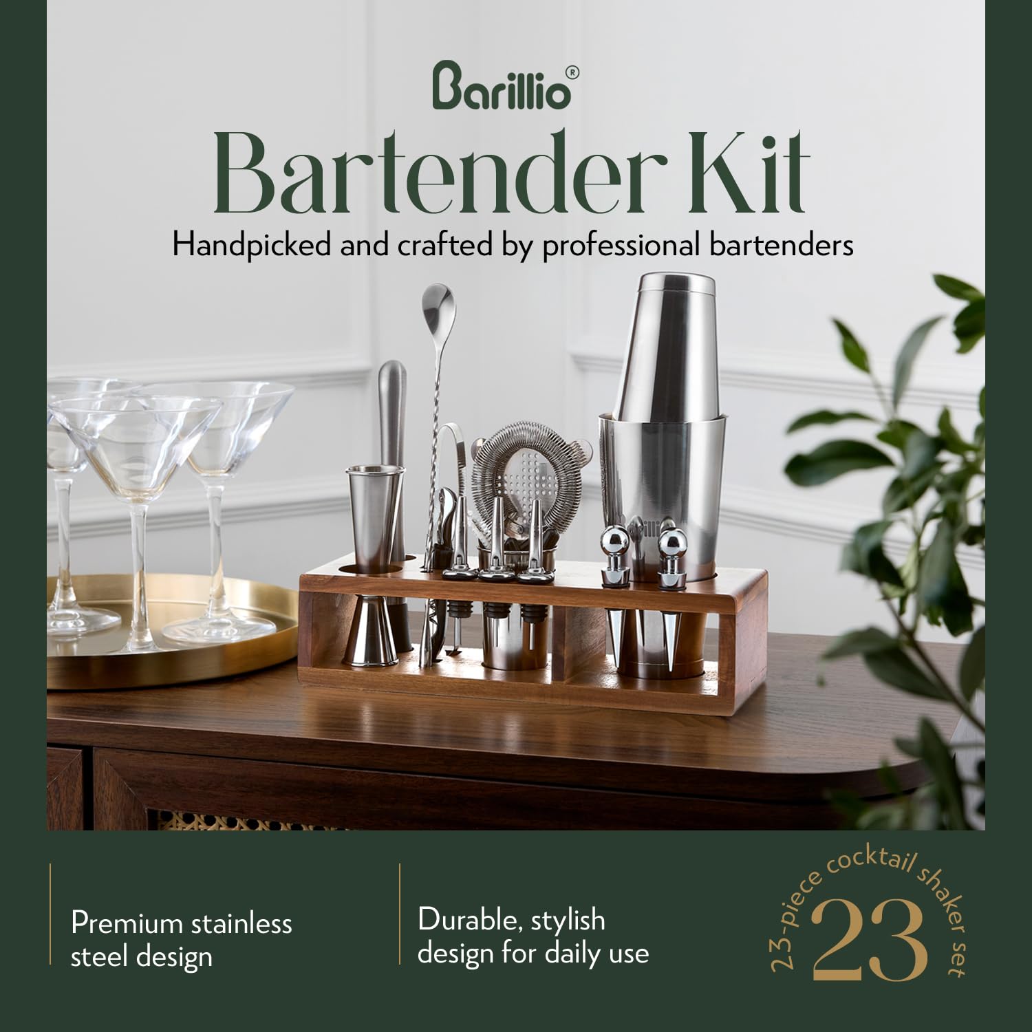 Barillio Stainless-steel shaker shines for precise pours and easy cleanup.