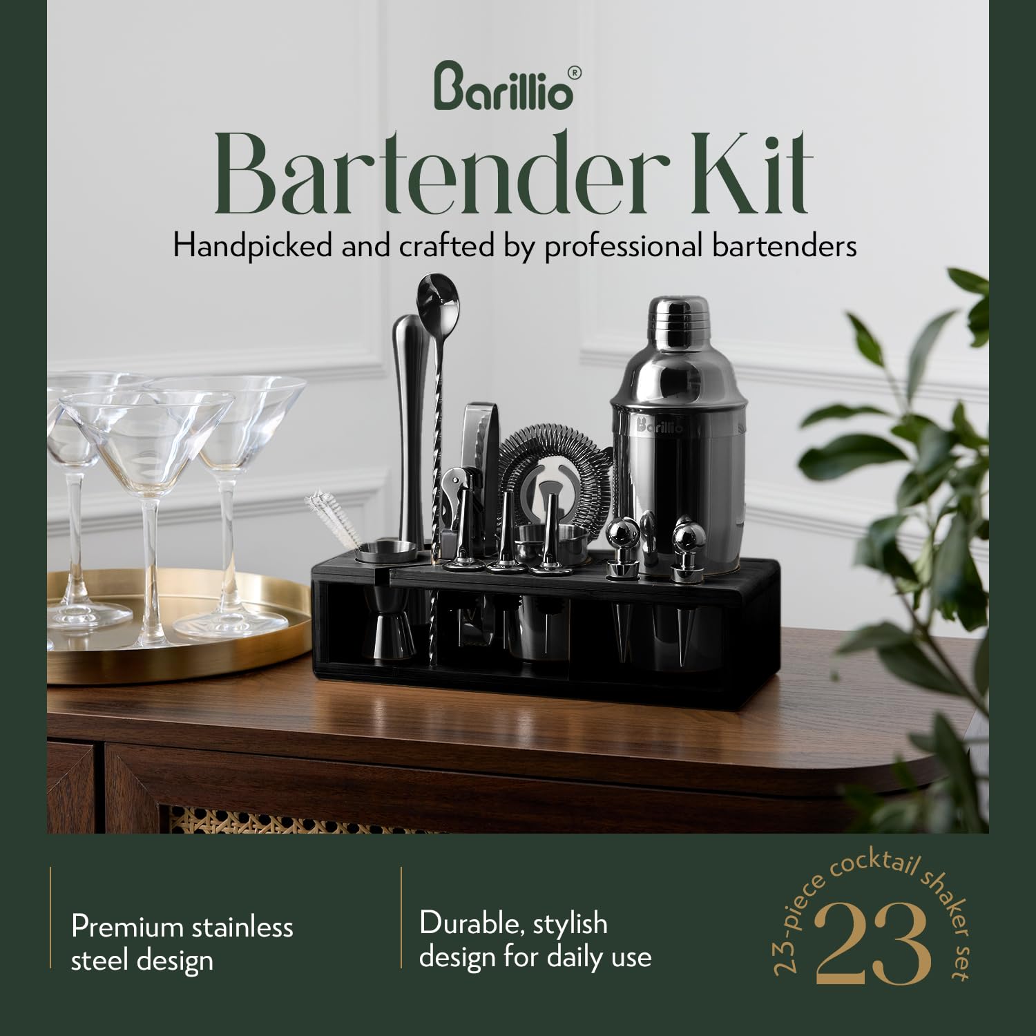 Barillio black bamboo stand with designated utensil holders for organized bar tools