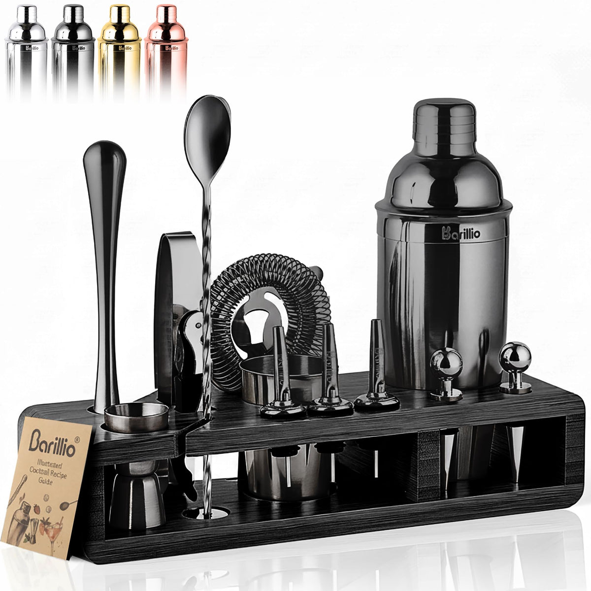 Barillio Black Bartender Kit 23-piece shaker on a black bamboo stand for home cocktails