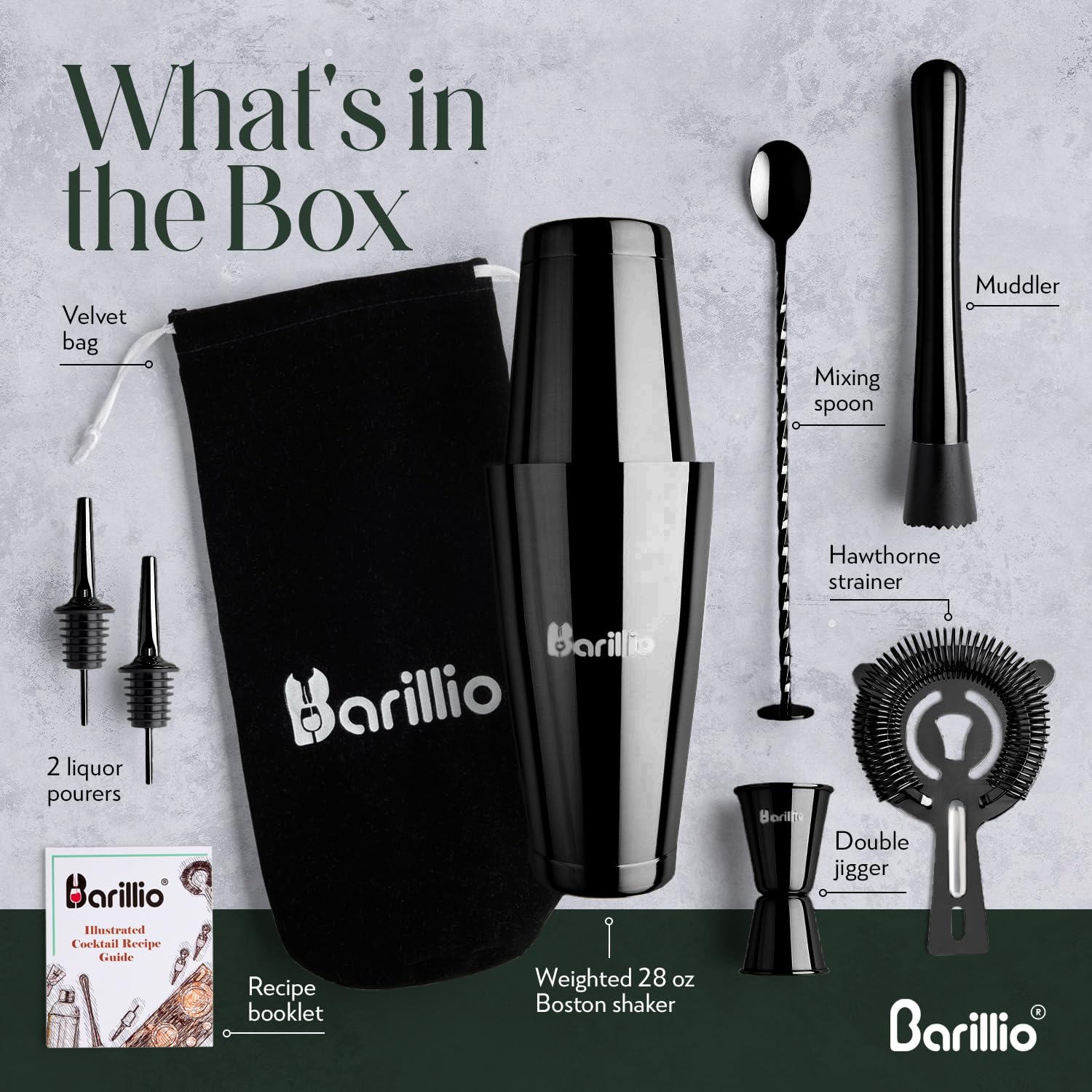 Barillio black Boston shaker with built-in strainer for precise pours.