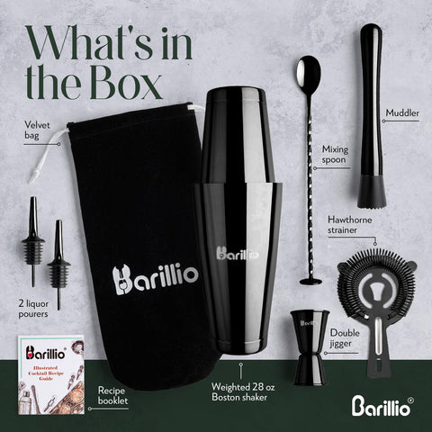 Barillio black Boston shaker with built-in strainer for precise pours.