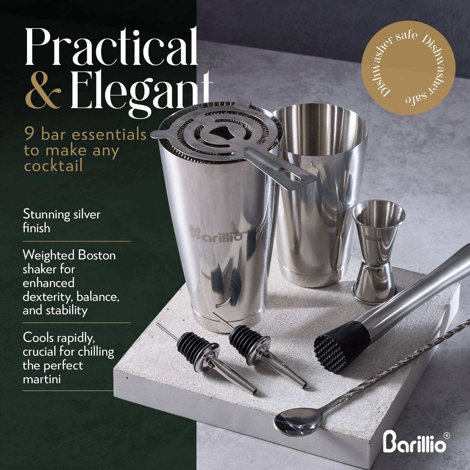 Barillio shaker set jigger for accurate measurements and consistent flavors