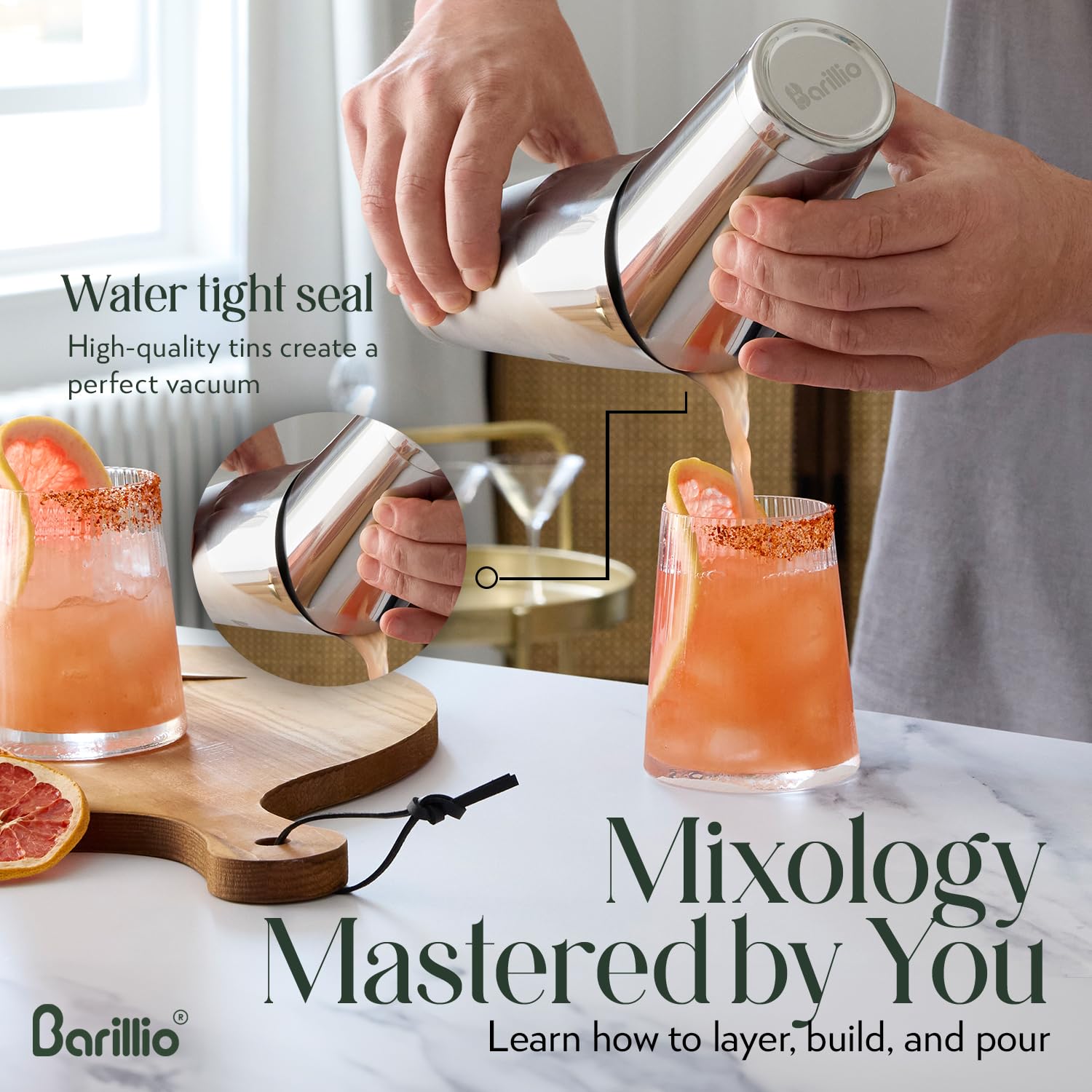 Barillio shaker set liquor pourer for controlled flow and minimal waste