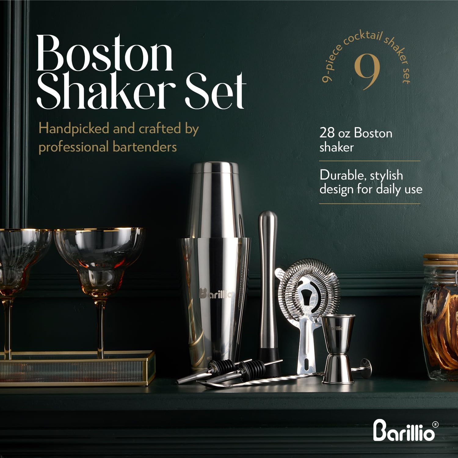 Barillio shaker set muddler for muddling herbs and fresh fruit notes