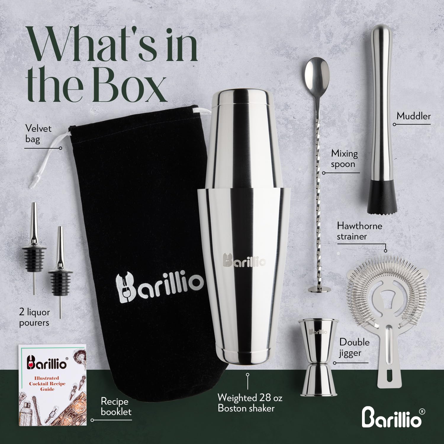 Barillio shaker set strainer ensuring clean pours and smooth cocktail layering