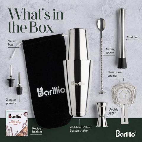 Barillio shaker set strainer ensuring clean pours and smooth cocktail layering