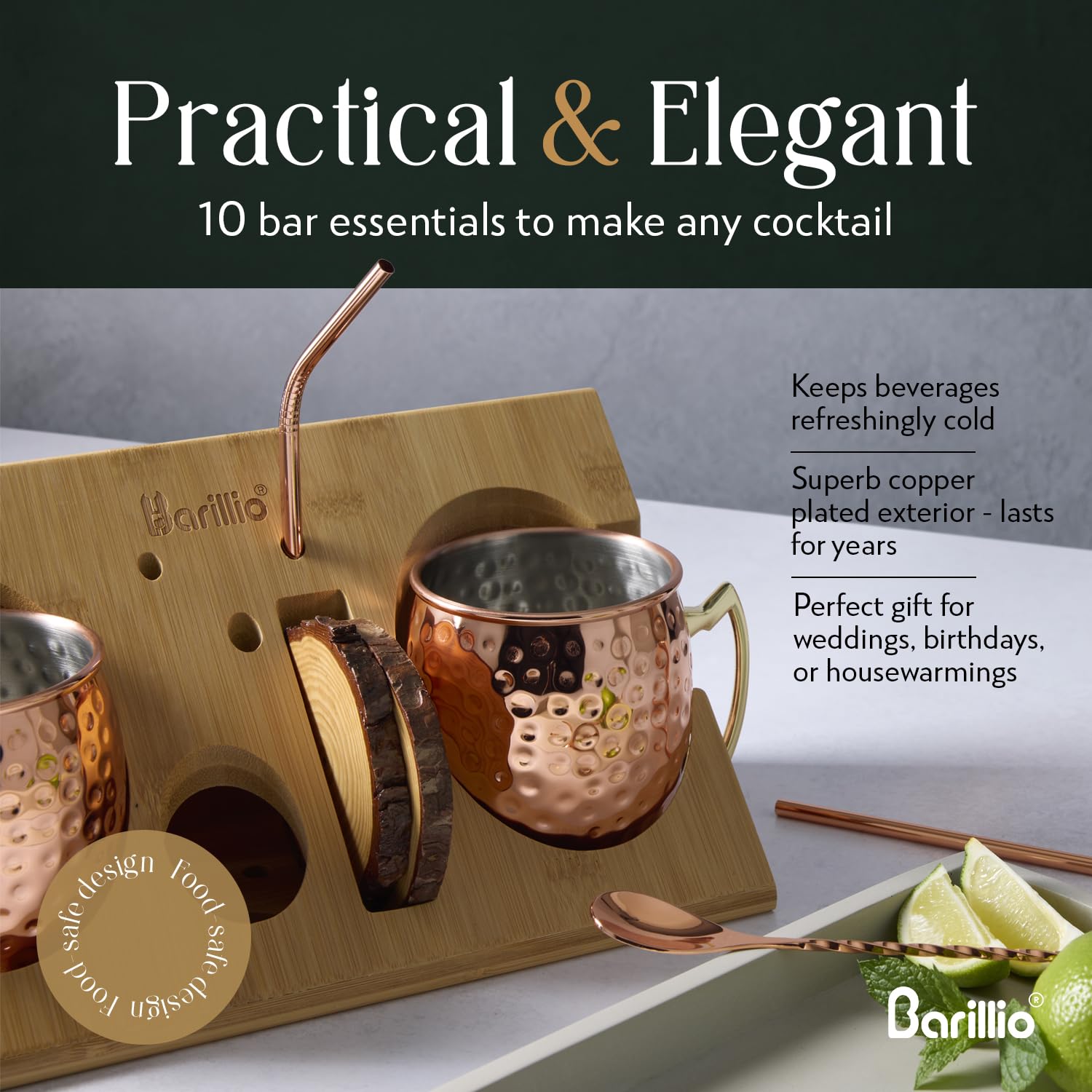 Barillio coasters protect surfaces while displaying the copper mug set