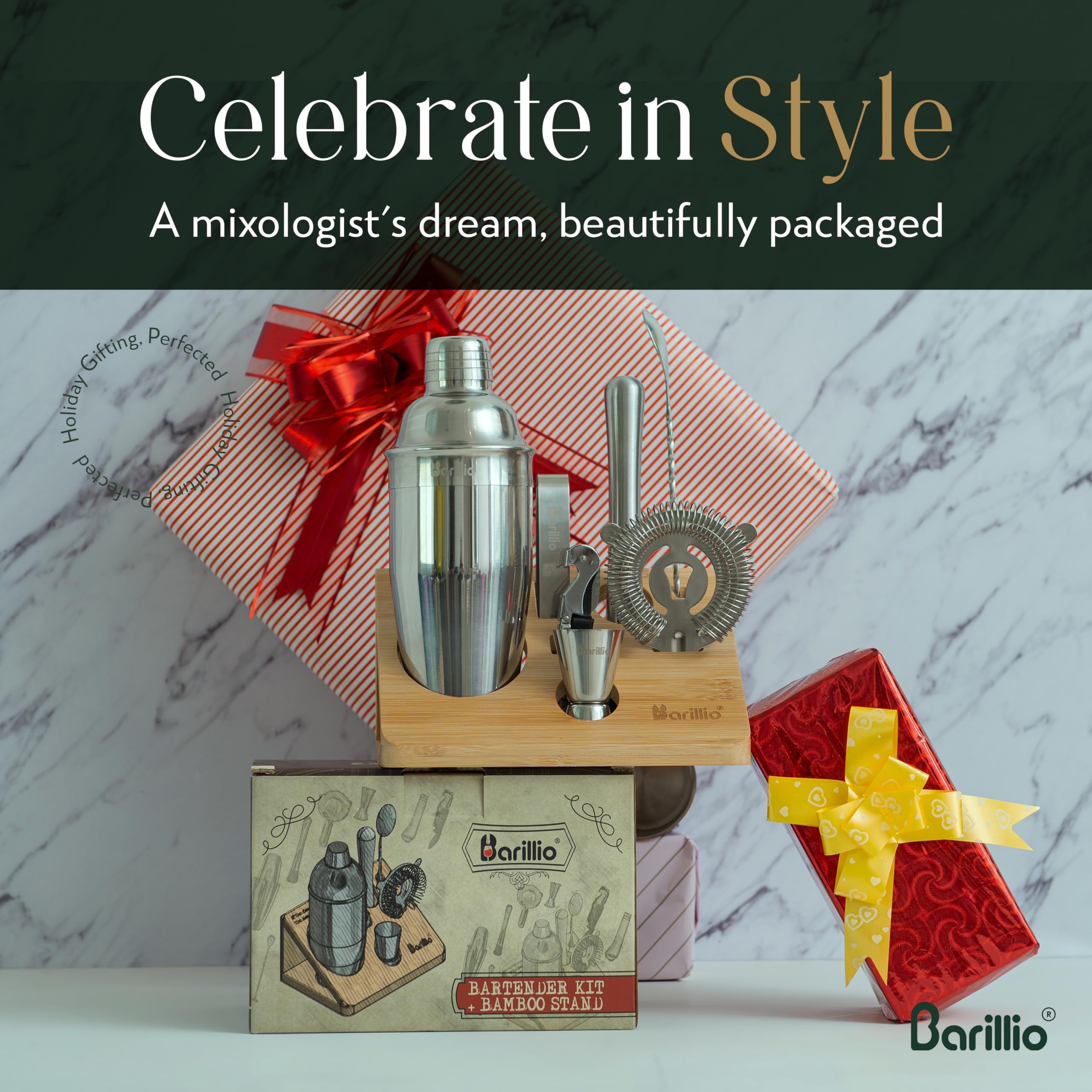 Barillio 10-piece set arranged on a shelf showcases a complete bar collection