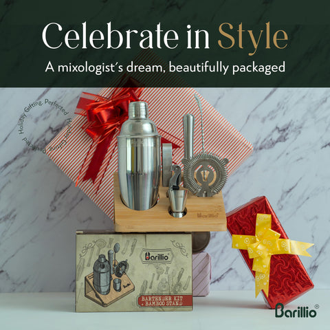 Barillio 10-piece set arranged on a shelf showcases a complete bar collection