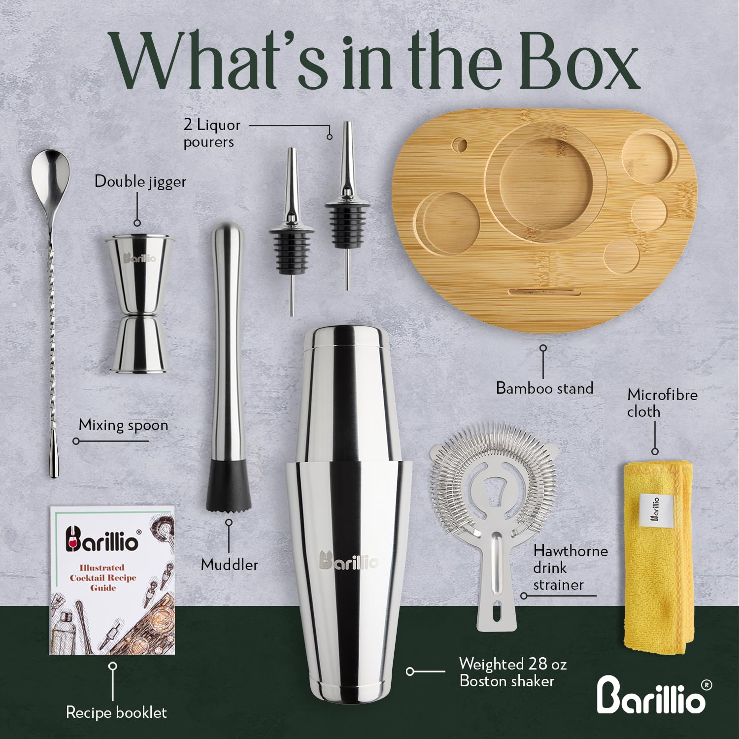 Barillio Elite Mixology Kit bamboo stand close-up, highlighting organized storage for tools.