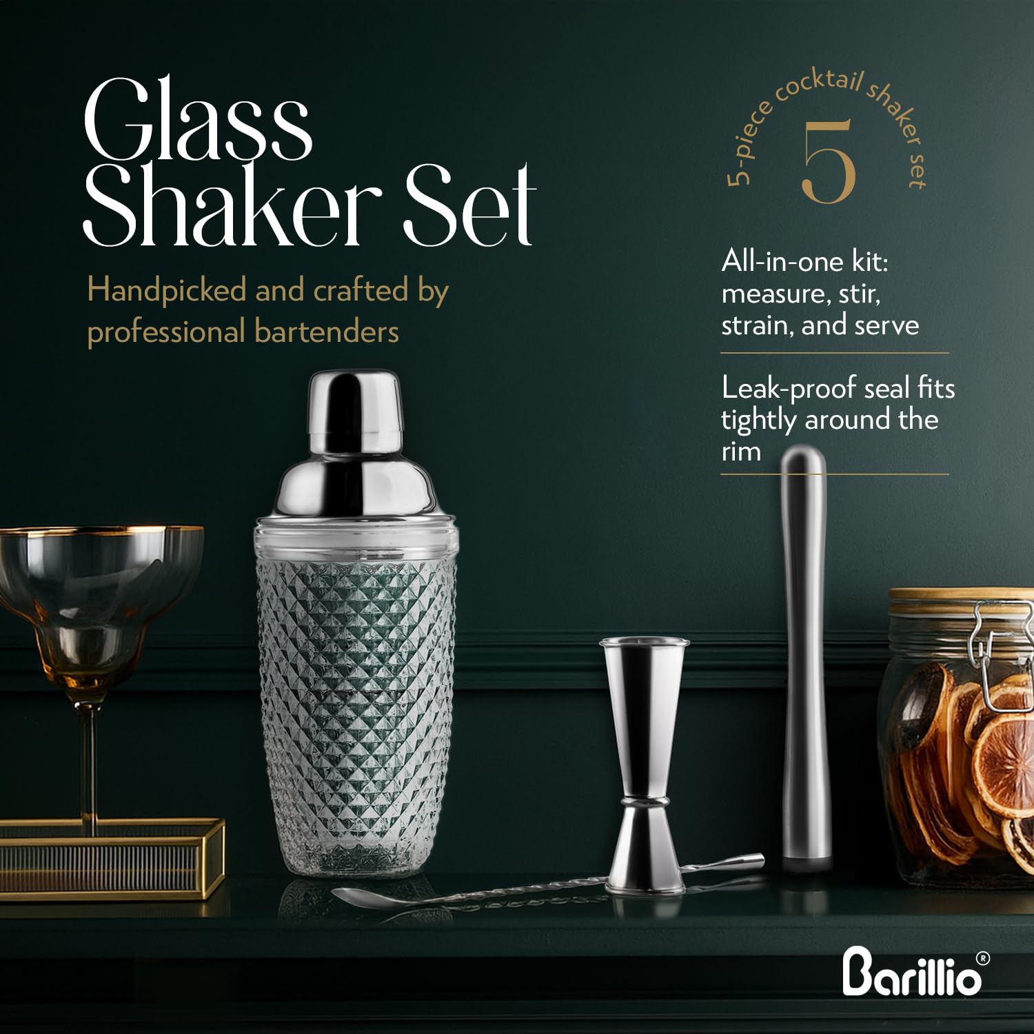 Barillio glass shaker set showing muddler, spoon and jigger for home bartending
