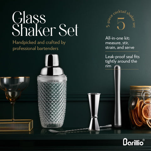Barillio glass shaker set showing muddler, spoon and jigger for home bartending