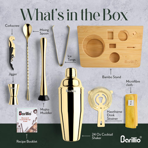 Barillio Gold Bartender Kit bamboo stand elevates display and keeps tools within reach