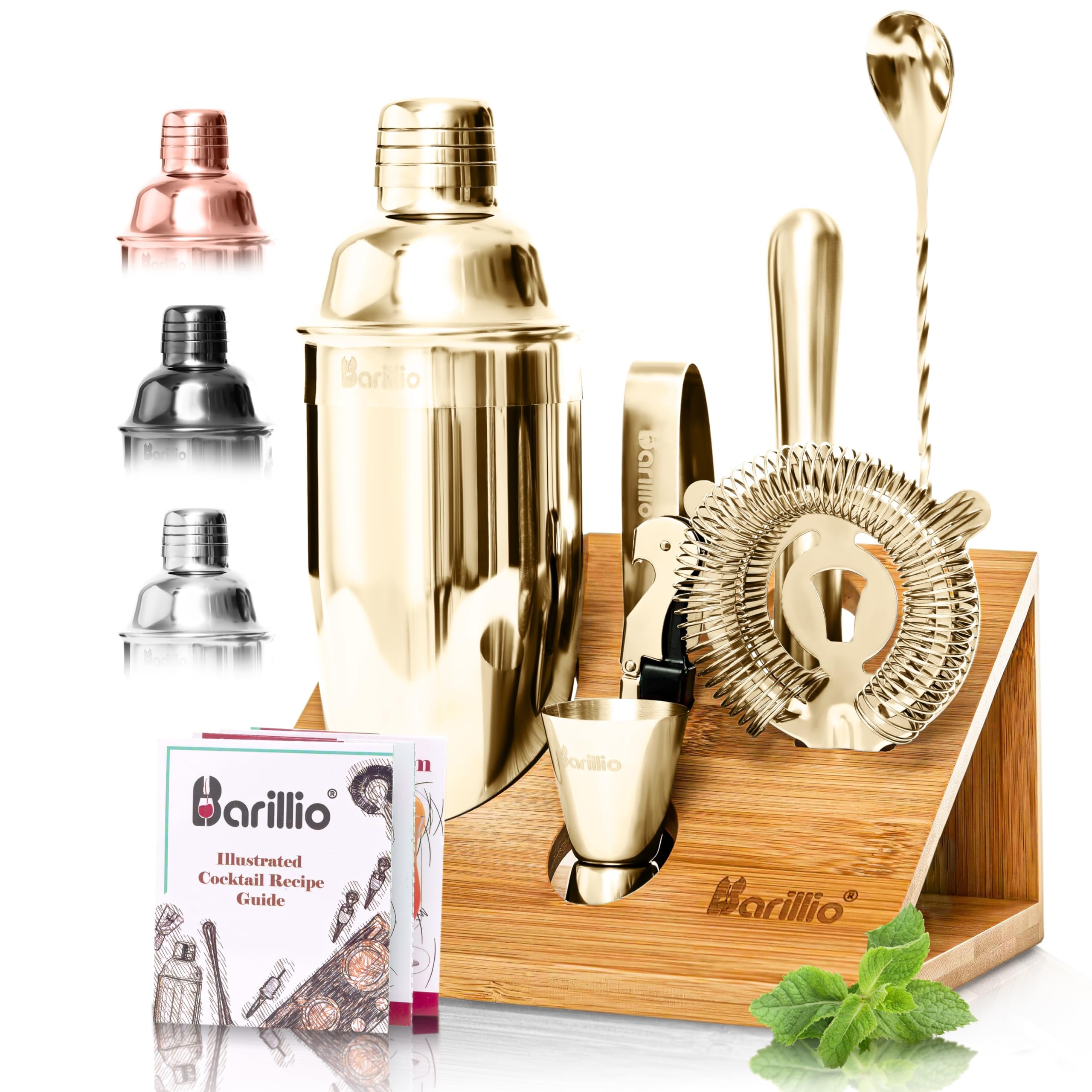 Barillio Gold Bartender Kit shaker in gold finish for smooth, consistent cocktails at home