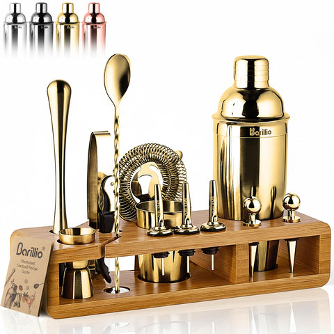 Barillio Gold Bartender Kit on bamboo stand for organized home bartending