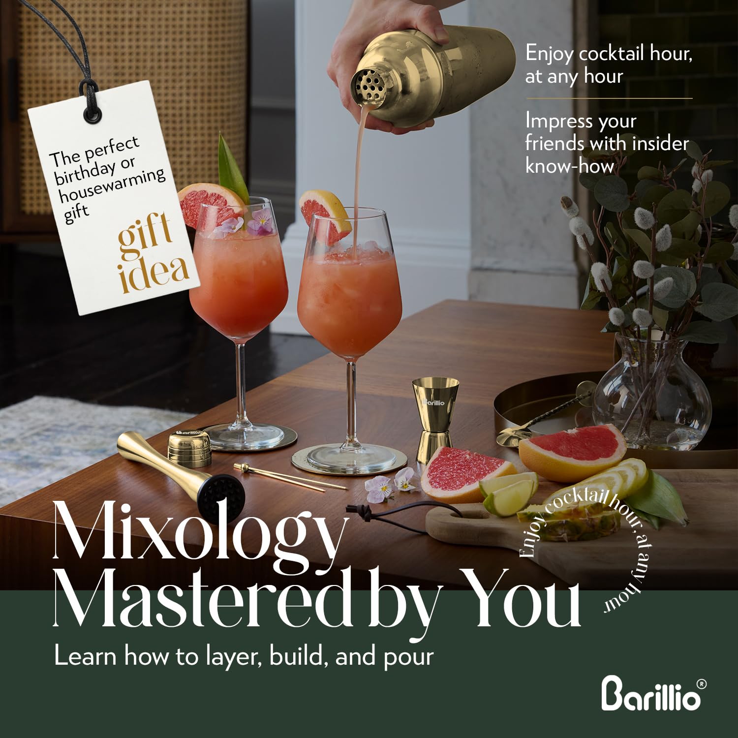 Barillio Gold Mixology pourers – drip-free pouring for clean presentations.