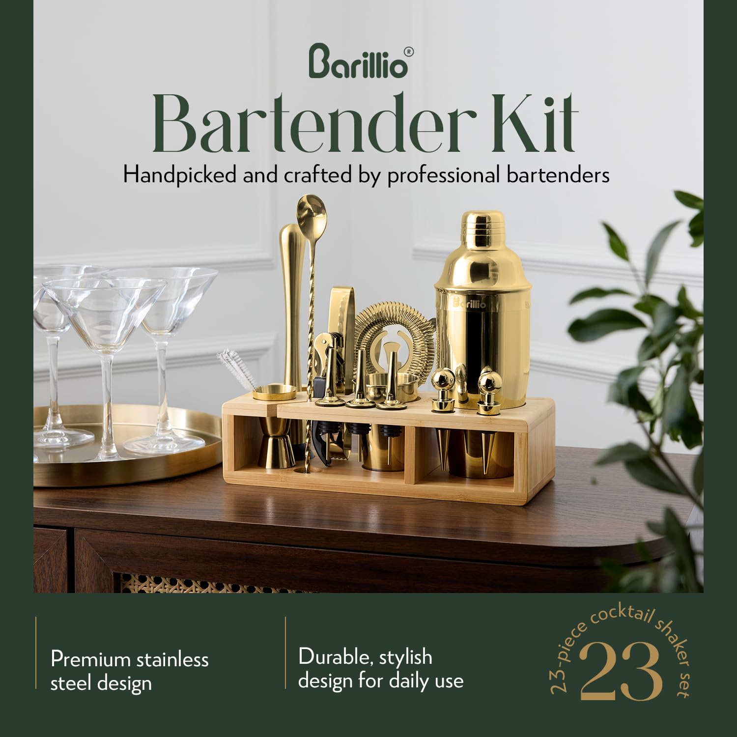 Barillio Gold shaker set close-up, rustproof stainless steel for durable mixing