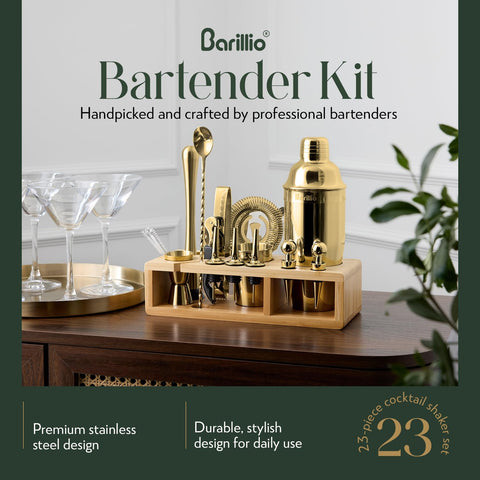 Barillio Gold shaker set close-up, rustproof stainless steel for durable mixing