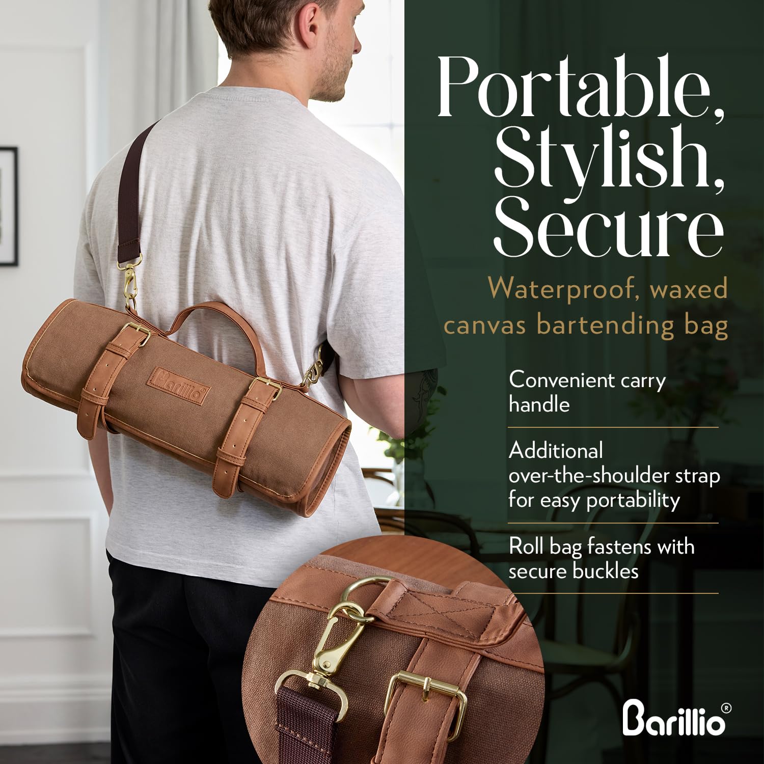 Barillio portable bar bag with leather straps for easy carrying.