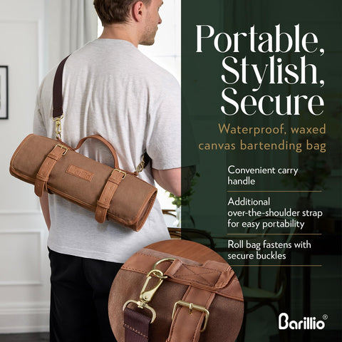 Barillio portable bar bag with leather straps for easy carrying.