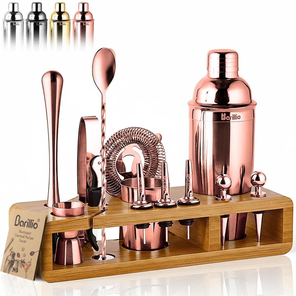 Barillio rose gold bartender kit on bamboo stand for home mixology.