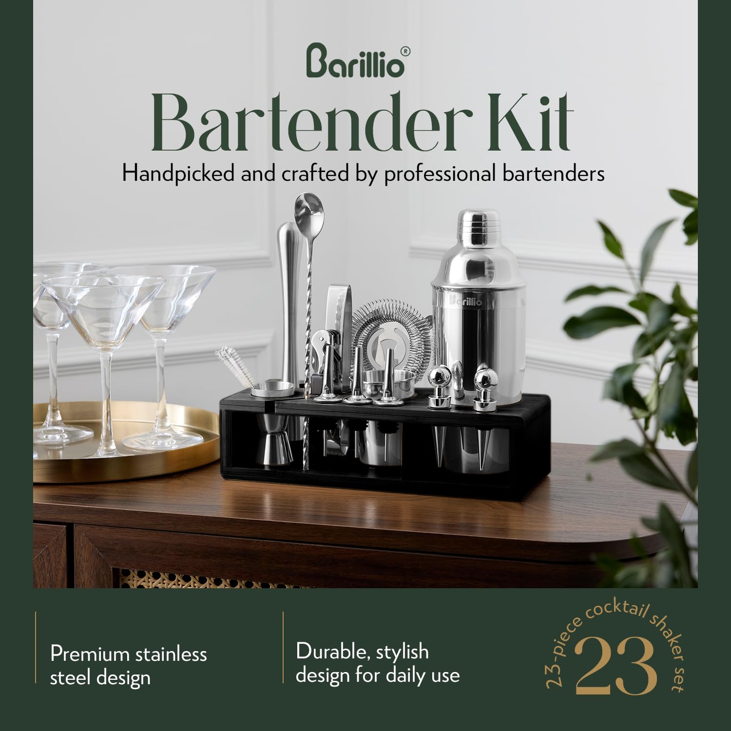 Barillio stainless steel shaker for smooth, well-chilled cocktails at home.