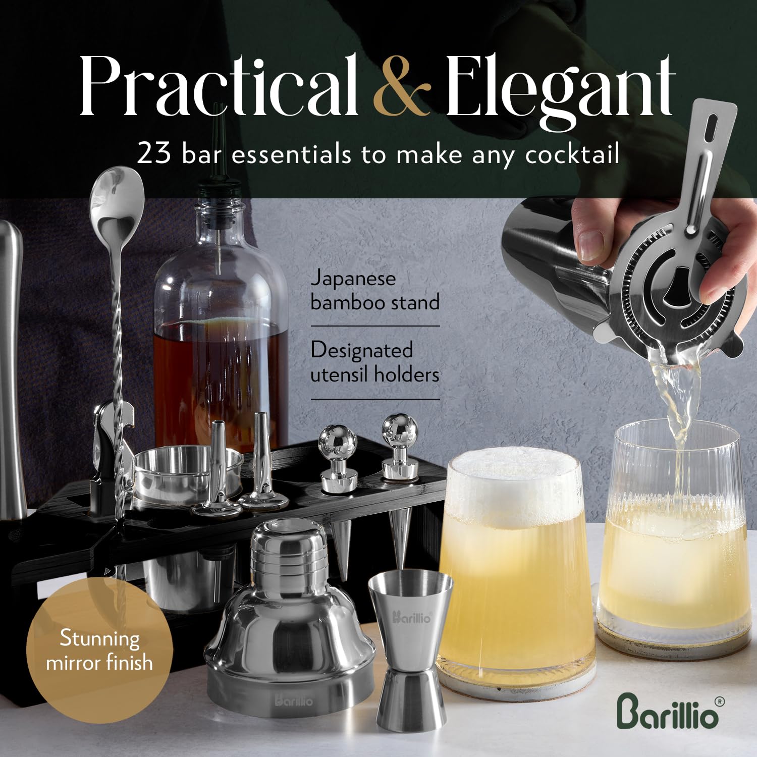 Barillio jigger and spoon provide reliable measurements for balanced drinks.