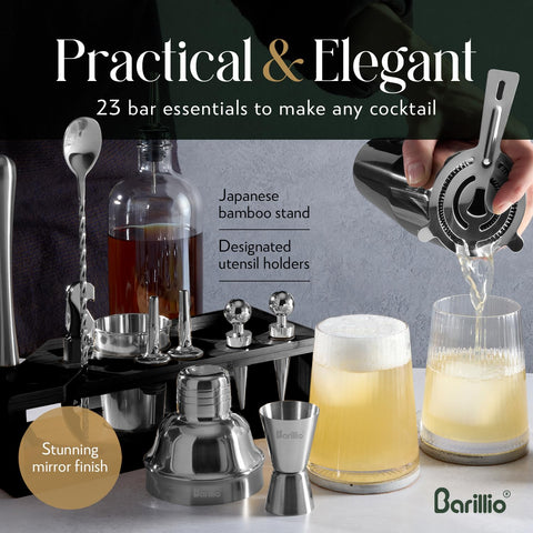 Barillio jigger and spoon provide reliable measurements for balanced drinks.