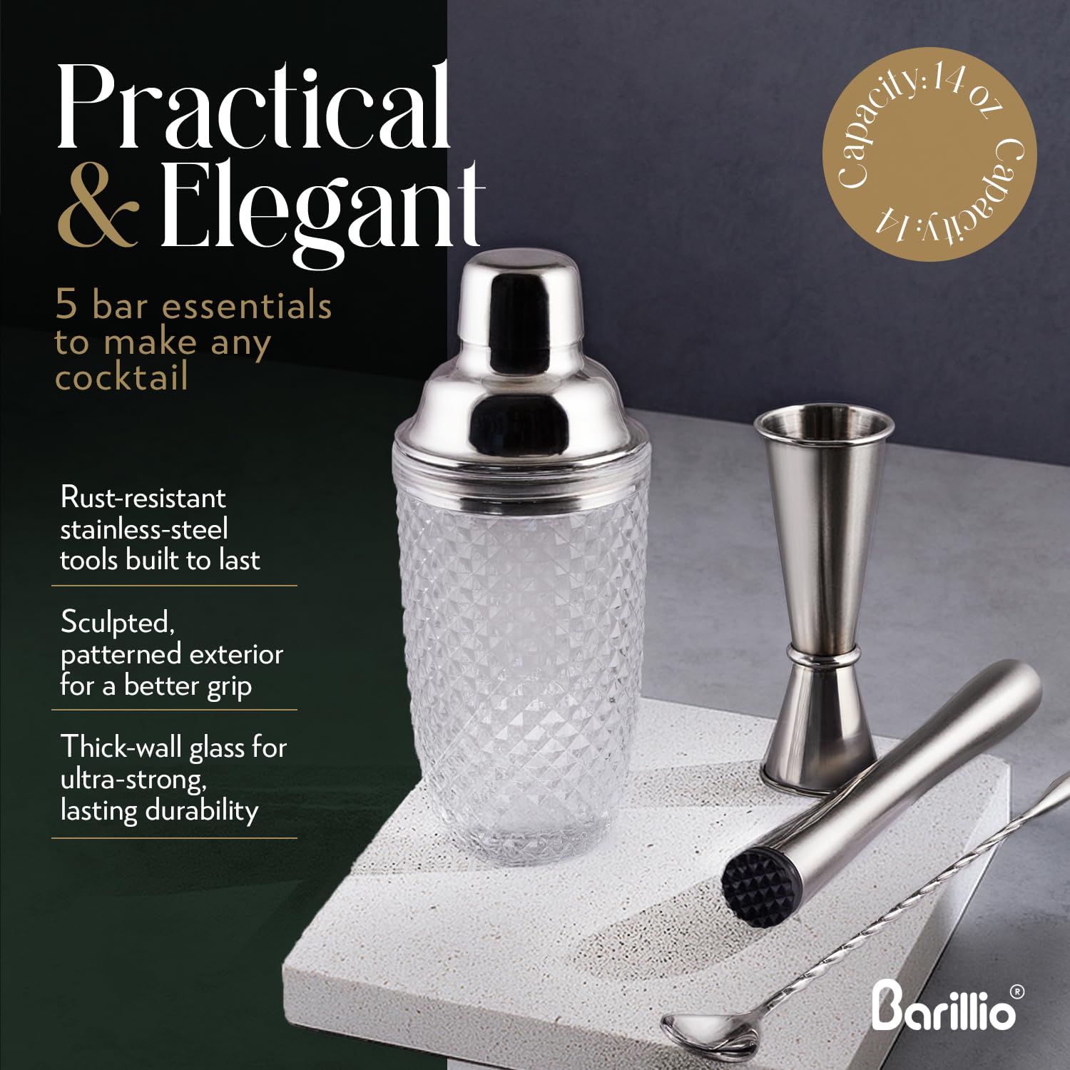 Barillio shaker base and smooth rim for stable pouring
