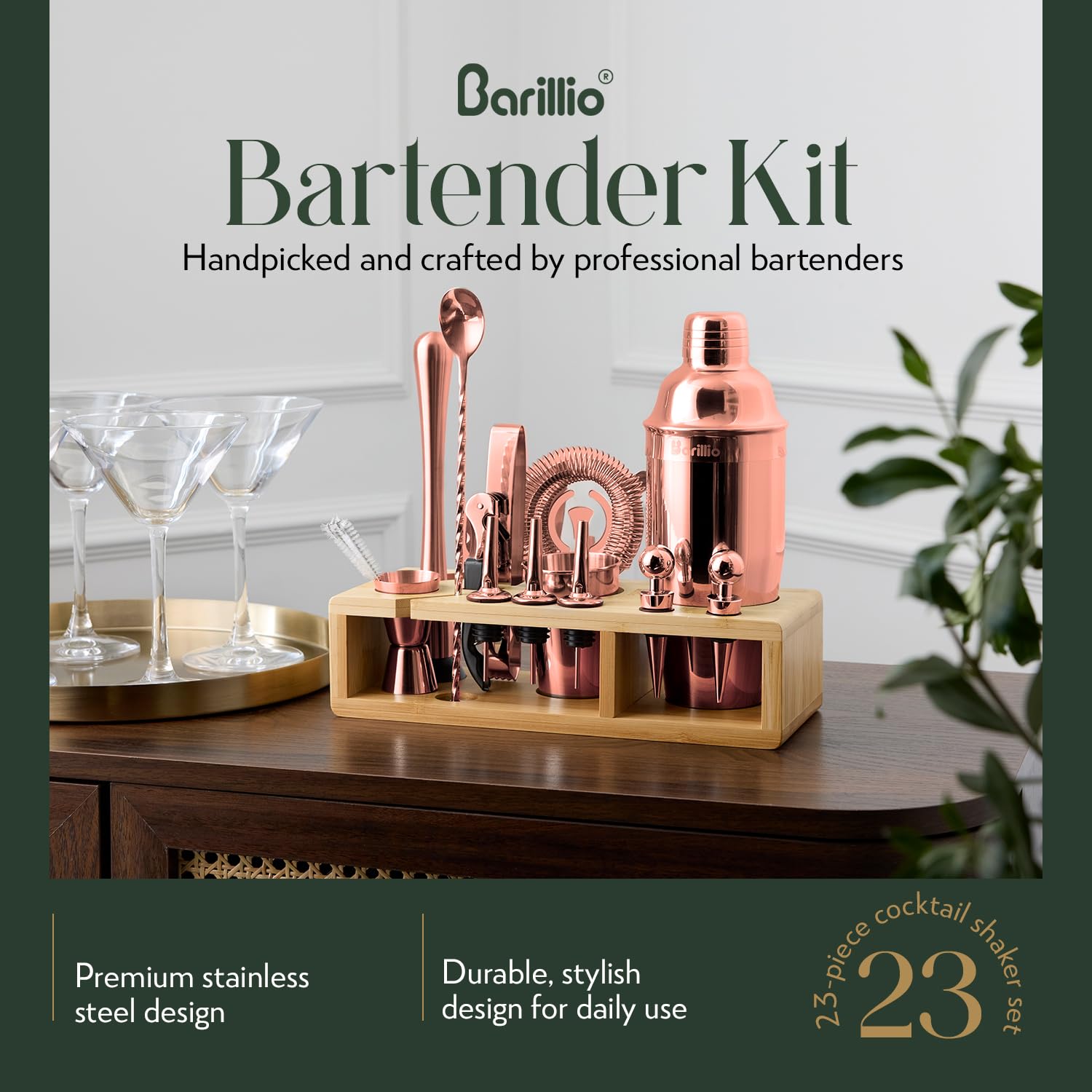 Barillio stainless steel shaker close-up showing durable rustproof finish.