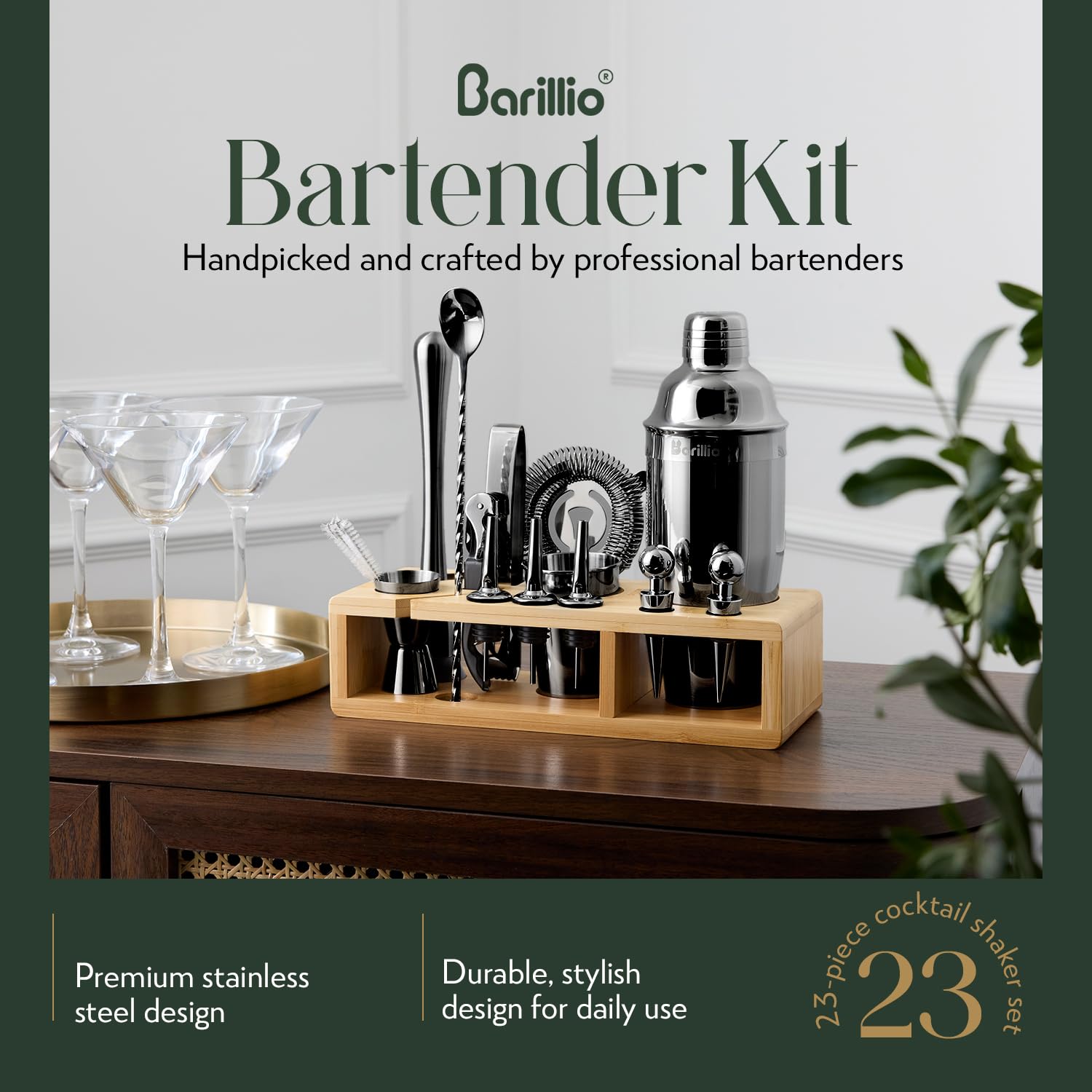 Barillio stainless steel shaker for durable, rustproof cocktail mixing.