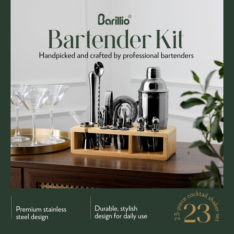 Barillio stainless steel shaker for durable, rustproof cocktail mixing.