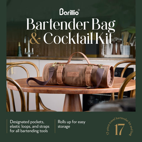 Barillio waxed canvas travel bag, durable and stylish for on-the-go bartending.