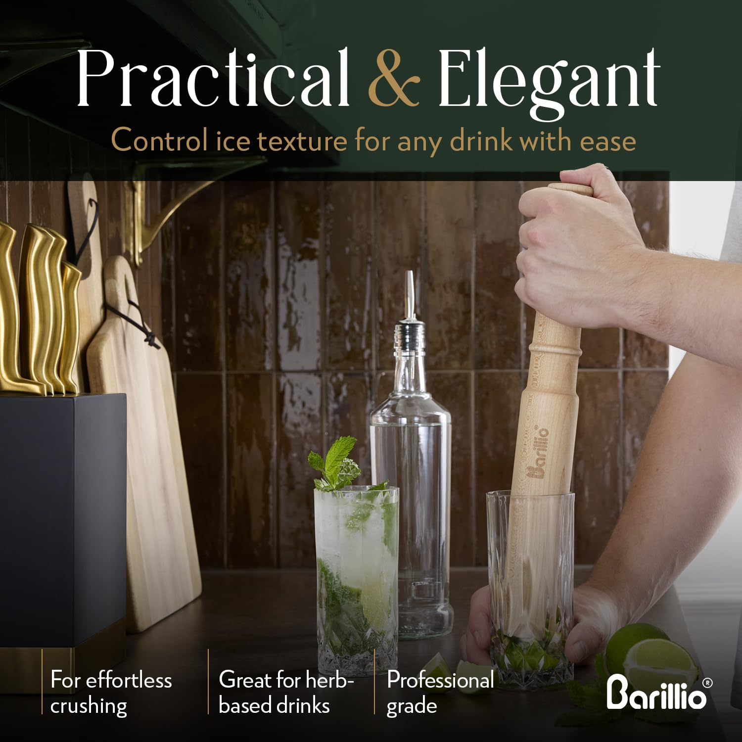 Barillio wooden muddler head with natural finish for steady muddling.