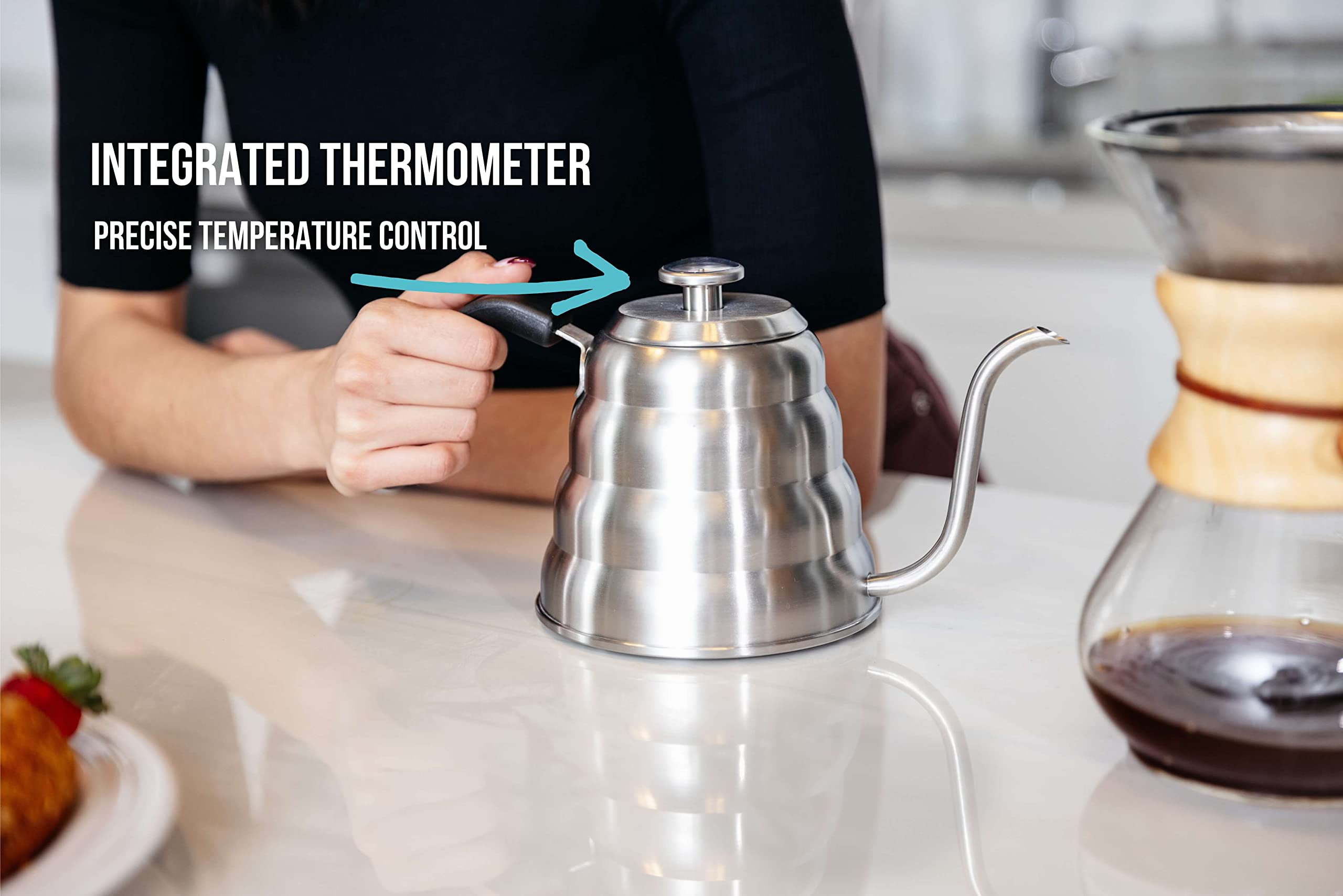 Barista Warrior copper-coated kettle with built-in thermometer ensures accurate brewing temps.