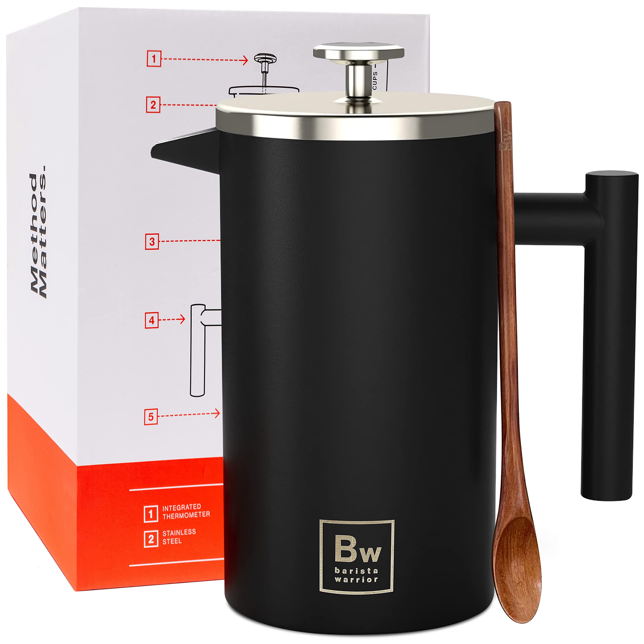 Barista Warrior French press with thermometer shows optimal brewing temperature for consistent flavor