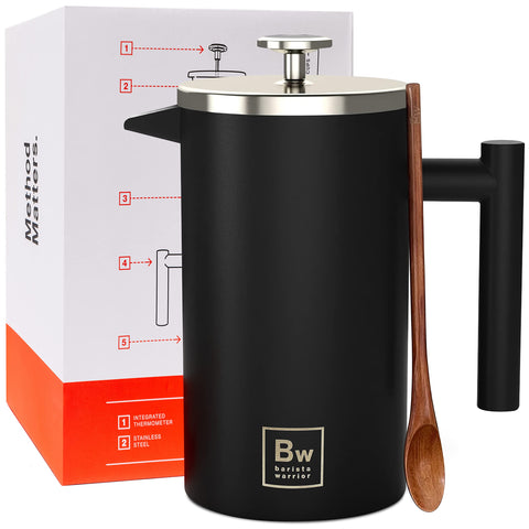 Barista Warrior French press with thermometer shows optimal brewing temperature for consistent flavor